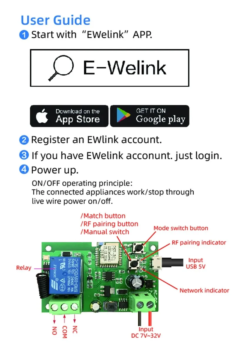 Smart Switch Ewelink 1CH RF 12V 24V 7-32V AC DC Wifi Switch Work with Alexa Google Home For Garage Door Gate Remote Control