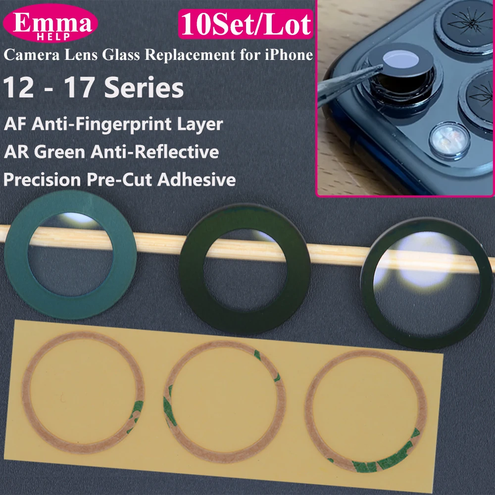 EmmaHelp 10set Back Camera Glass for iPhone 15 14 13 12 16 17 Pro Max Rear Camera Lens Cover Replacement Sticker A+