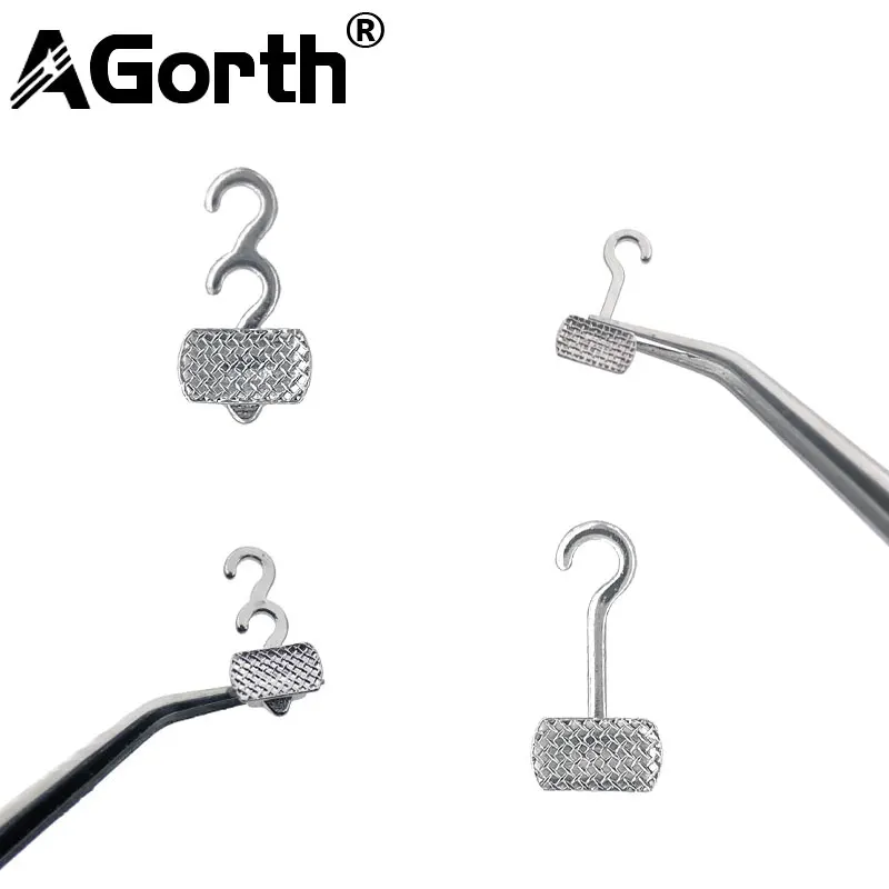 10Pcs Dental Orthodontic Crimpable Curved Hook With Buccal Tube Stainless Bondable Mesh Base Single Right/Left