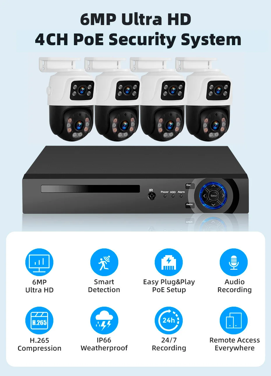 KERUI Waterproof 6MP HD POE Surveillance Camera System Dual Lens PTZ WIFI IP Home Security 4CH 8CH POE NVR Video H.265 CCTV Kit