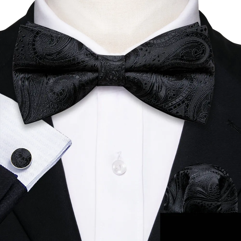 Barry.Wang White Black Gray Silver Silk Mens Bow Tie Jacquard Paisley Floral Pre-Tied Bowtie Hanky Cufflink Set Wedding Business