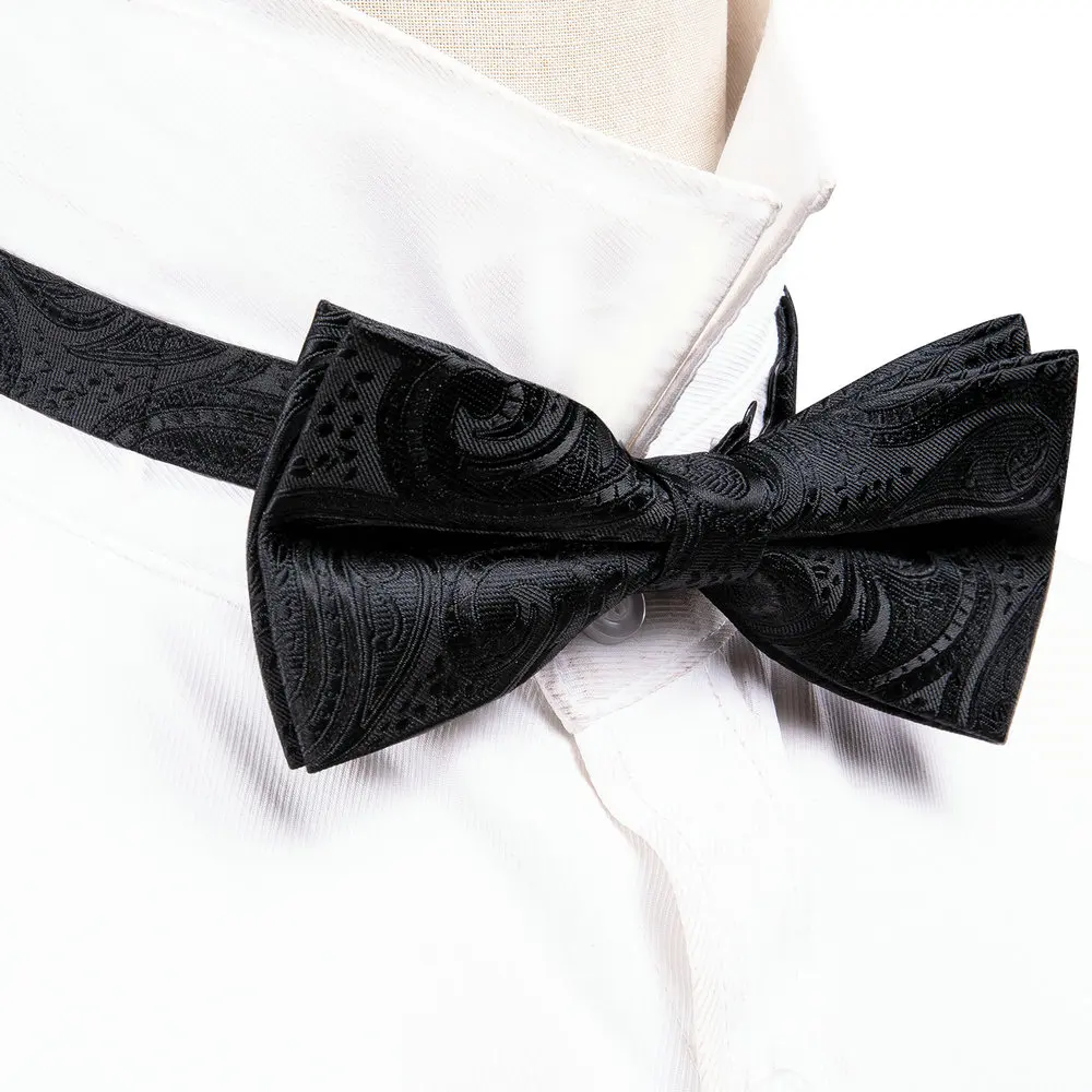 Barry.Wang White Black Gray Silver Silk Mens Bow Tie Jacquard Paisley Floral Pre-Tied Bowtie Hanky Cufflink Set Wedding Business
