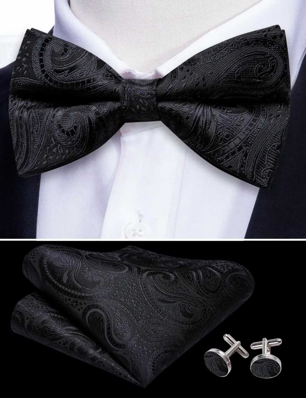 Barry.Wang White Black Gray Silver Silk Mens Bow Tie Jacquard Paisley Floral Pre-Tied Bowtie Hanky Cufflink Set Wedding Business