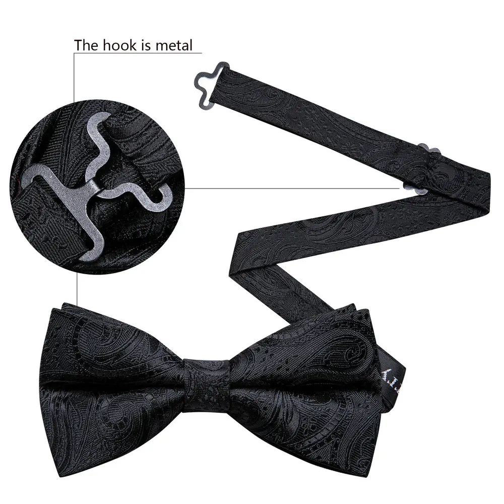 Barry.Wang White Black Gray Silver Silk Mens Bow Tie Jacquard Paisley Floral Pre-Tied Bowtie Hanky Cufflink Set Wedding Business