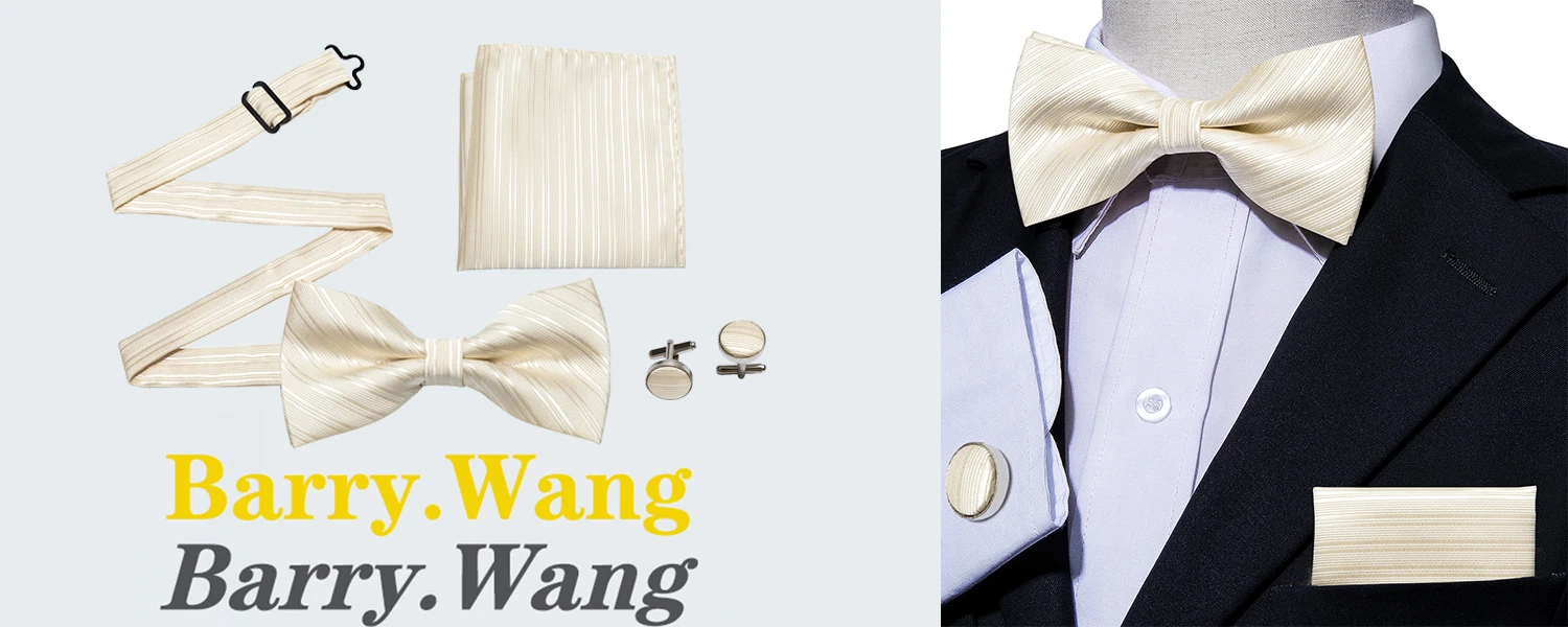 Barry.Wang White Black Gray Silver Silk Mens Bow Tie Jacquard Paisley Floral Pre-Tied Bowtie Hanky Cufflink Set Wedding Business