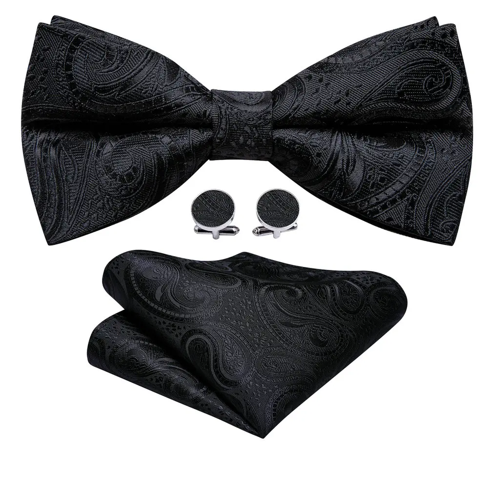 Barry.Wang White Black Gray Silver Silk Mens Bow Tie Jacquard Paisley Floral Pre-Tied Bowtie Hanky Cufflink Set Wedding Business