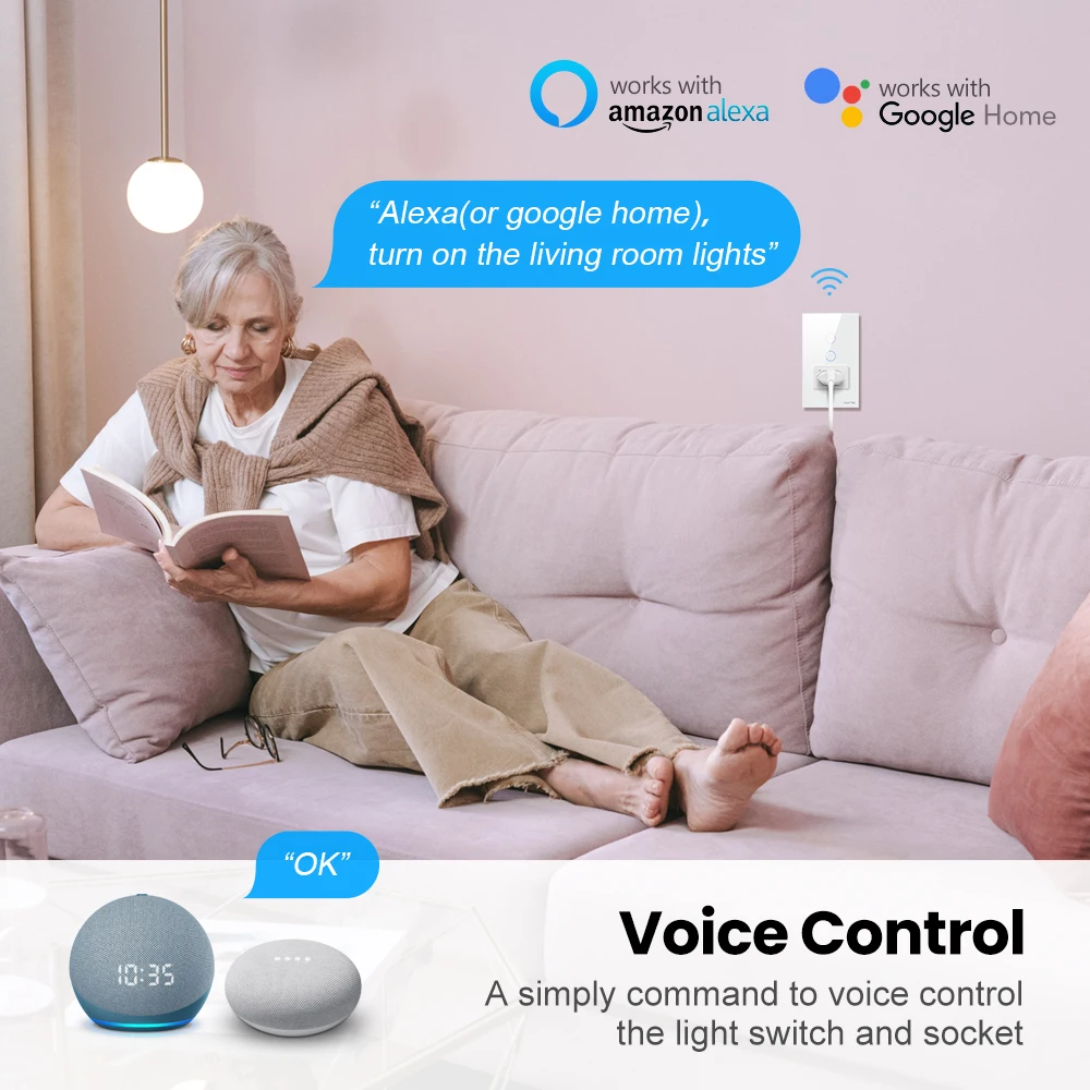 AVATTO Tuya WiFi Smart Light Switch with Socket,Brazil Stand 16A Touch Button Wall Switch,Work for Alexa Google Home