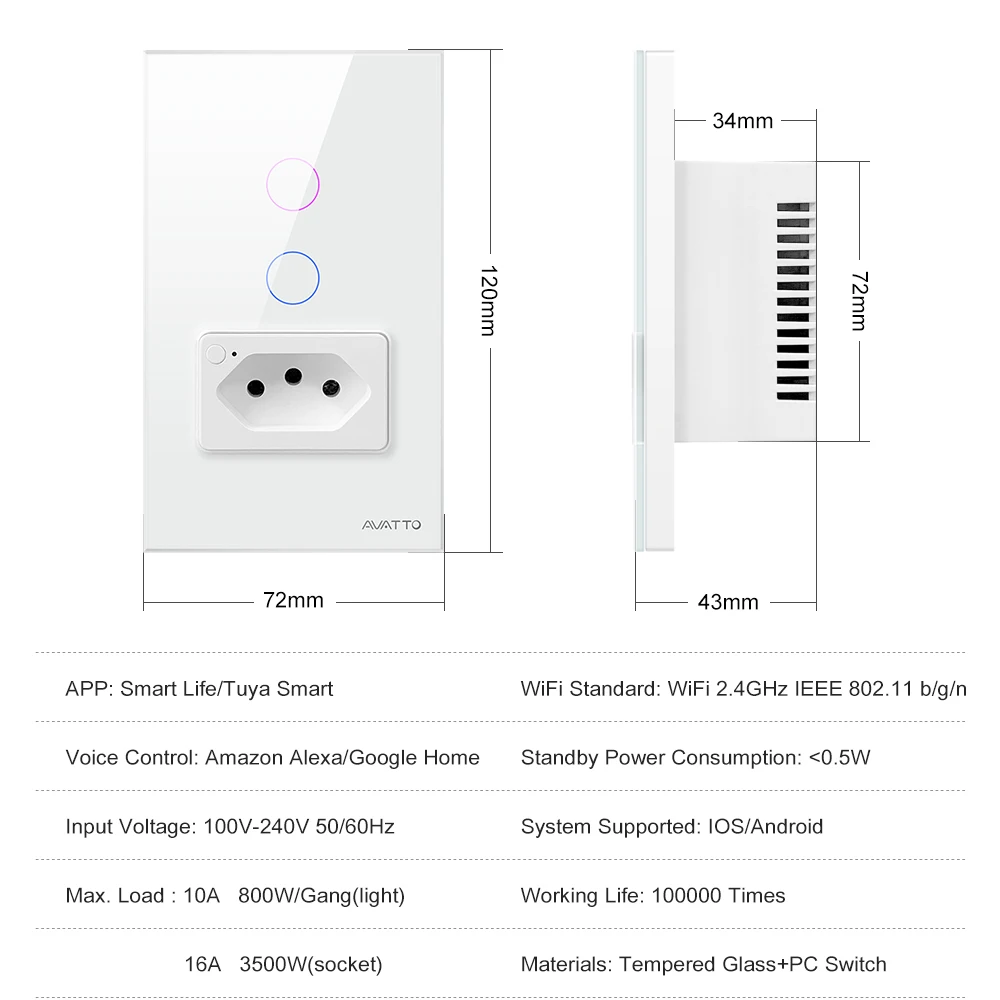 AVATTO Tuya WiFi Smart Light Switch with Socket,Brazil Stand 16A Touch Button Wall Switch,Work for Alexa Google Home