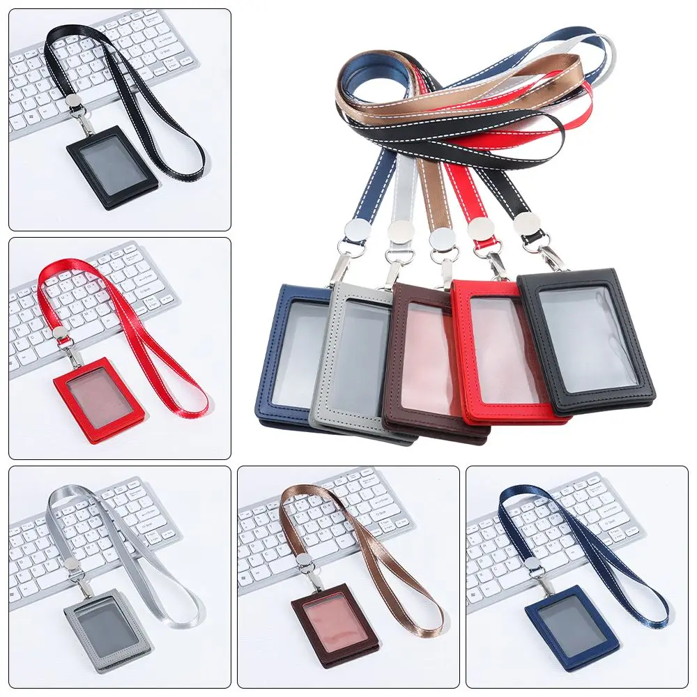 Double Card Badge Holder Genuine Leather ID Lanyard Name Tag Carabiner Style Key Ring Clips Reels Recoil Belt Clip Office Supply