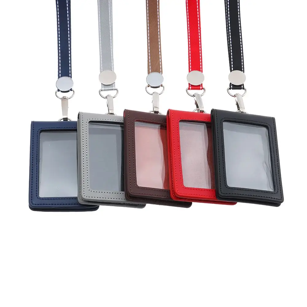 Double Card Badge Holder Genuine Leather ID Lanyard Name Tag Carabiner Style Key Ring Clips Reels Recoil Belt Clip Office Supply
