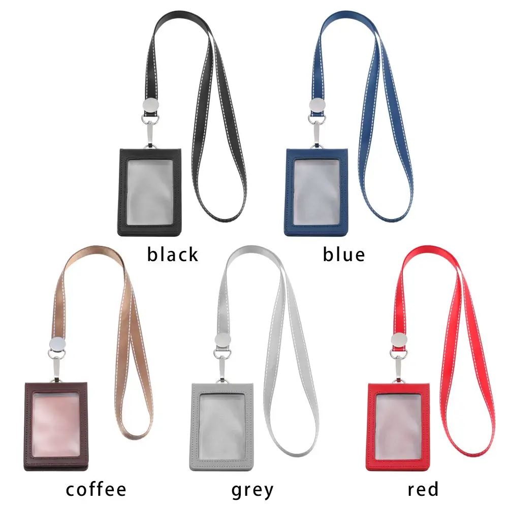 Double Card Badge Holder Genuine Leather ID Lanyard Name Tag Carabiner Style Key Ring Clips Reels Recoil Belt Clip Office Supply
