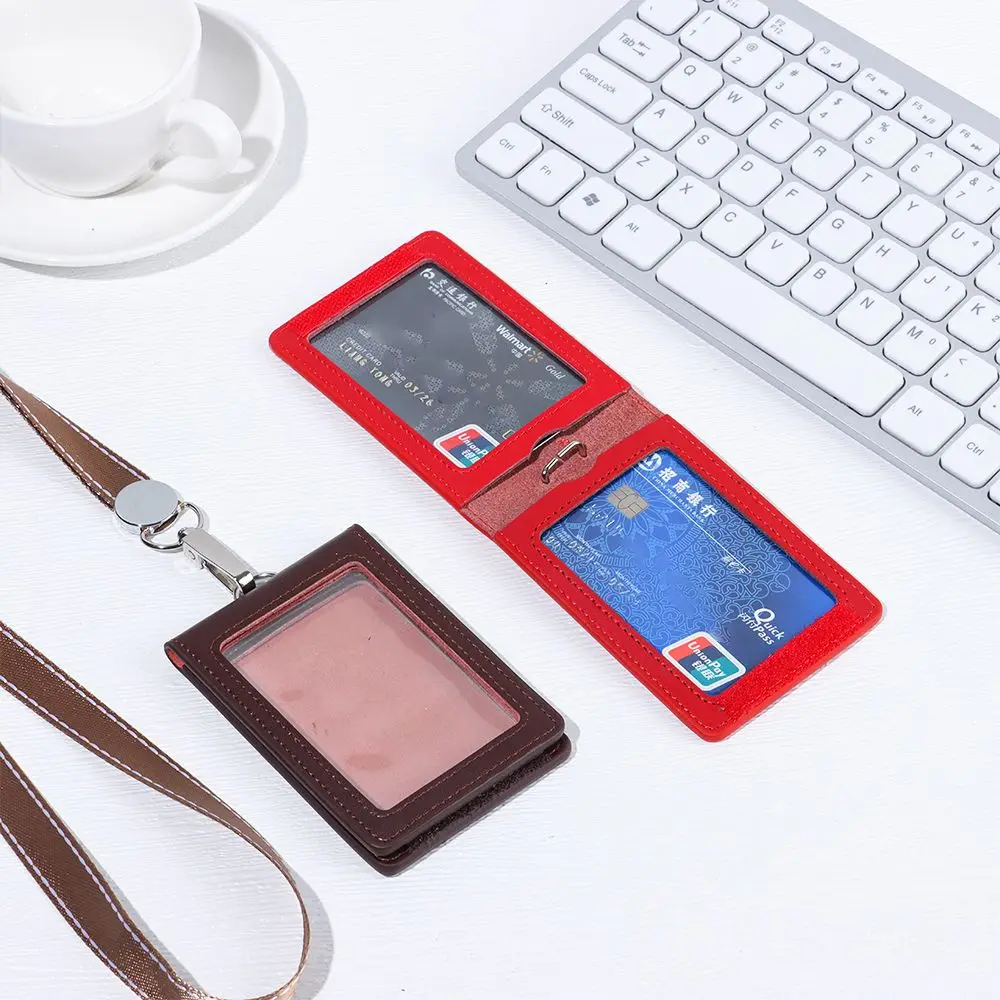 Double Card Badge Holder Genuine Leather ID Lanyard Name Tag Carabiner Style Key Ring Clips Reels Recoil Belt Clip Office Supply