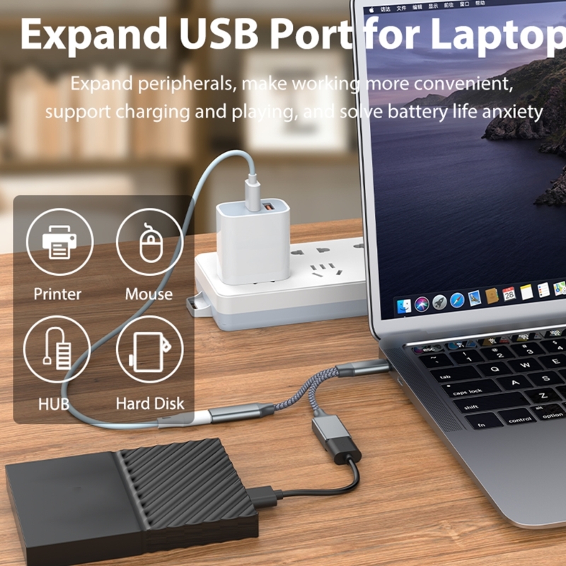 USB C OTG Adapter, 2 in 1 USB C Splitter with PD10W Fast-Charging Type-C Otg and USB A Female Port Nylon Braid Cable