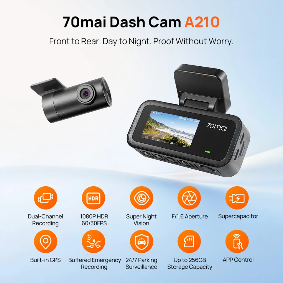 【New】70mai A210 Dash Cam 1080P HDR Night Vision Support Dual-Channel Supercapacitor Built-in GPS Wi-Fi6 24H Parking Surveillance