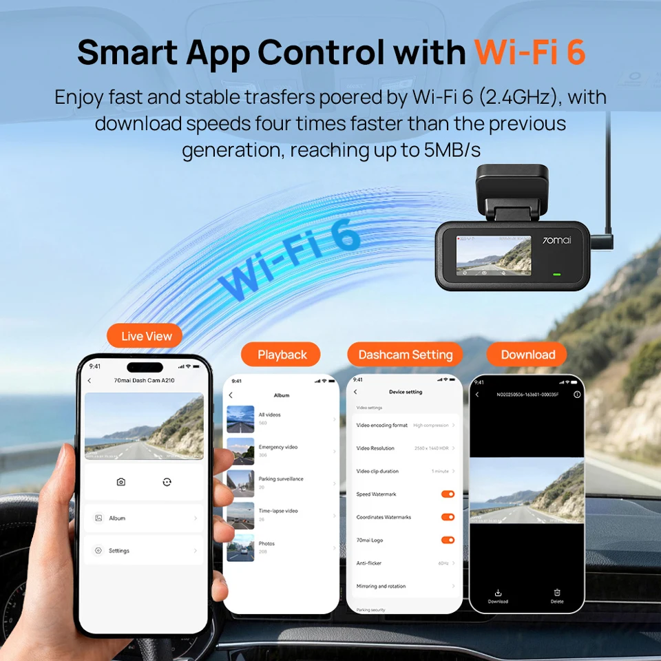 【New】70mai A210 Dash Cam 1080P HDR Night Vision Support Dual-Channel Supercapacitor Built-in GPS Wi-Fi6 24H Parking Surveillance