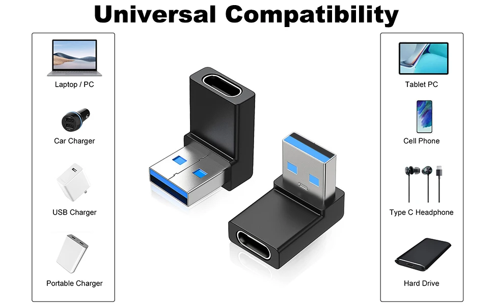 NNBILI Right Angle USB Adapter 90 Degree Up and Down Angle USB 3.0 Male to Type C Female Connector for Laptop Tablet and Phones