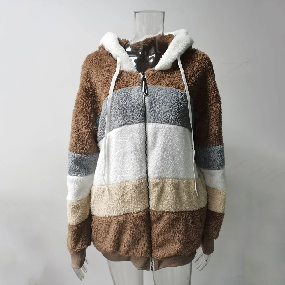 Winter Fashion Women's Coat 2026 Hooded Zipper Ladies Jacket Spliced Thick Cashmere Women Jacket Stitching Plaid Ladies Coats