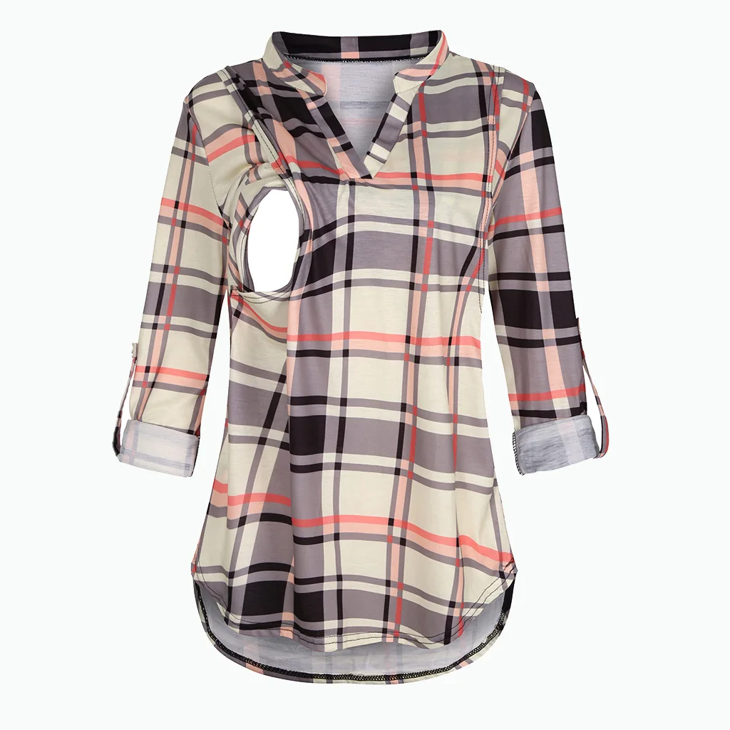 Women's Maternity Breastfeeding T-shirt V-Neck Solid Color Long Sleeve Nursing Tops Clothes for Pregnant Women