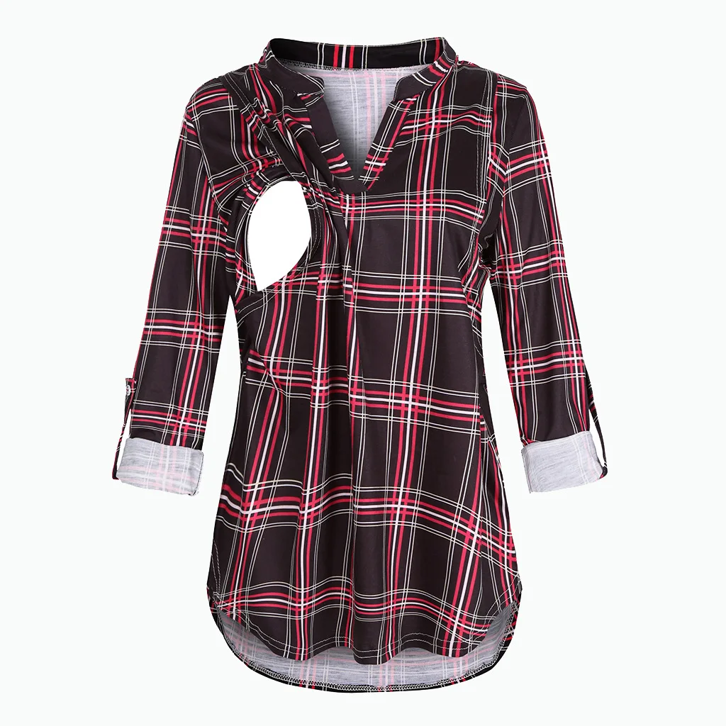 Women's Maternity Breastfeeding T-shirt V-Neck Solid Color Long Sleeve Nursing Tops Clothes for Pregnant Women