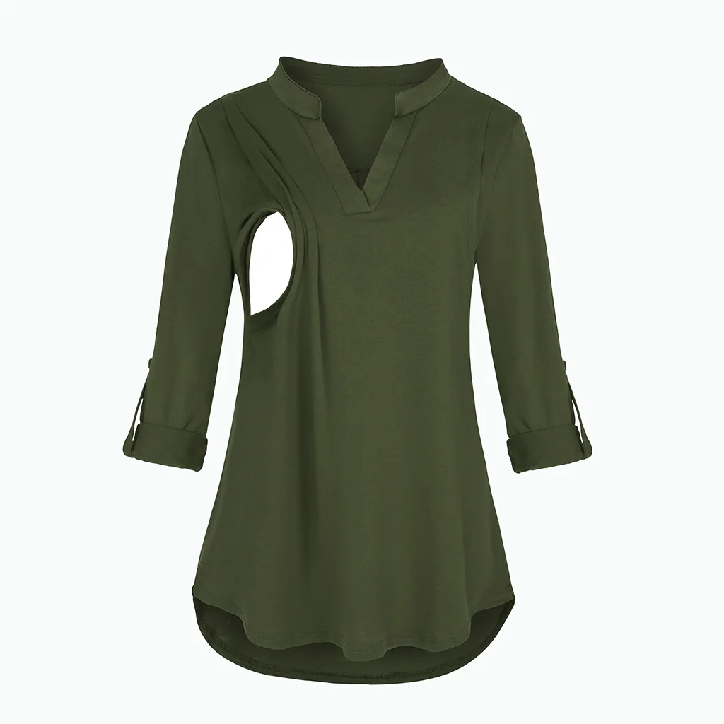 Women's Maternity Breastfeeding T-shirt V-Neck Solid Color Long Sleeve Nursing Tops Clothes for Pregnant Women