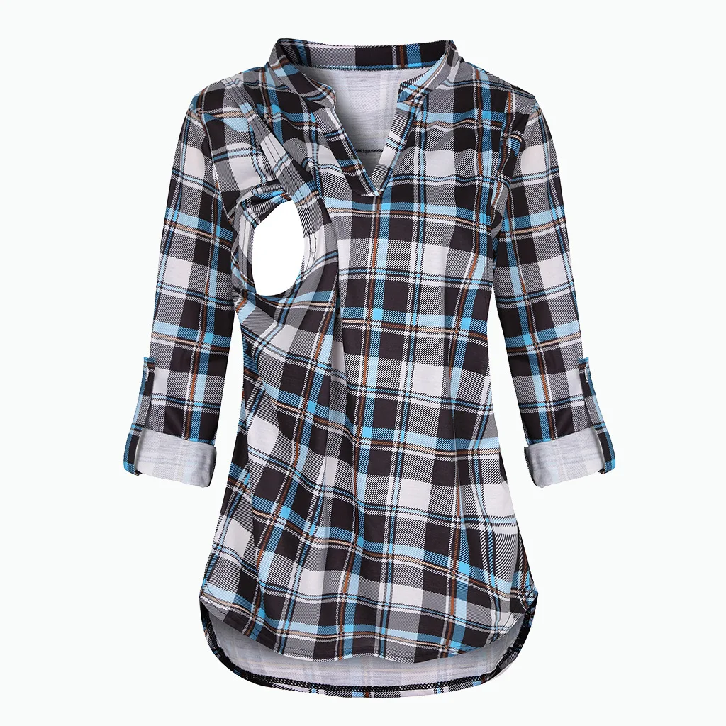Women's Maternity Breastfeeding T-shirt V-Neck Solid Color Long Sleeve Nursing Tops Clothes for Pregnant Women