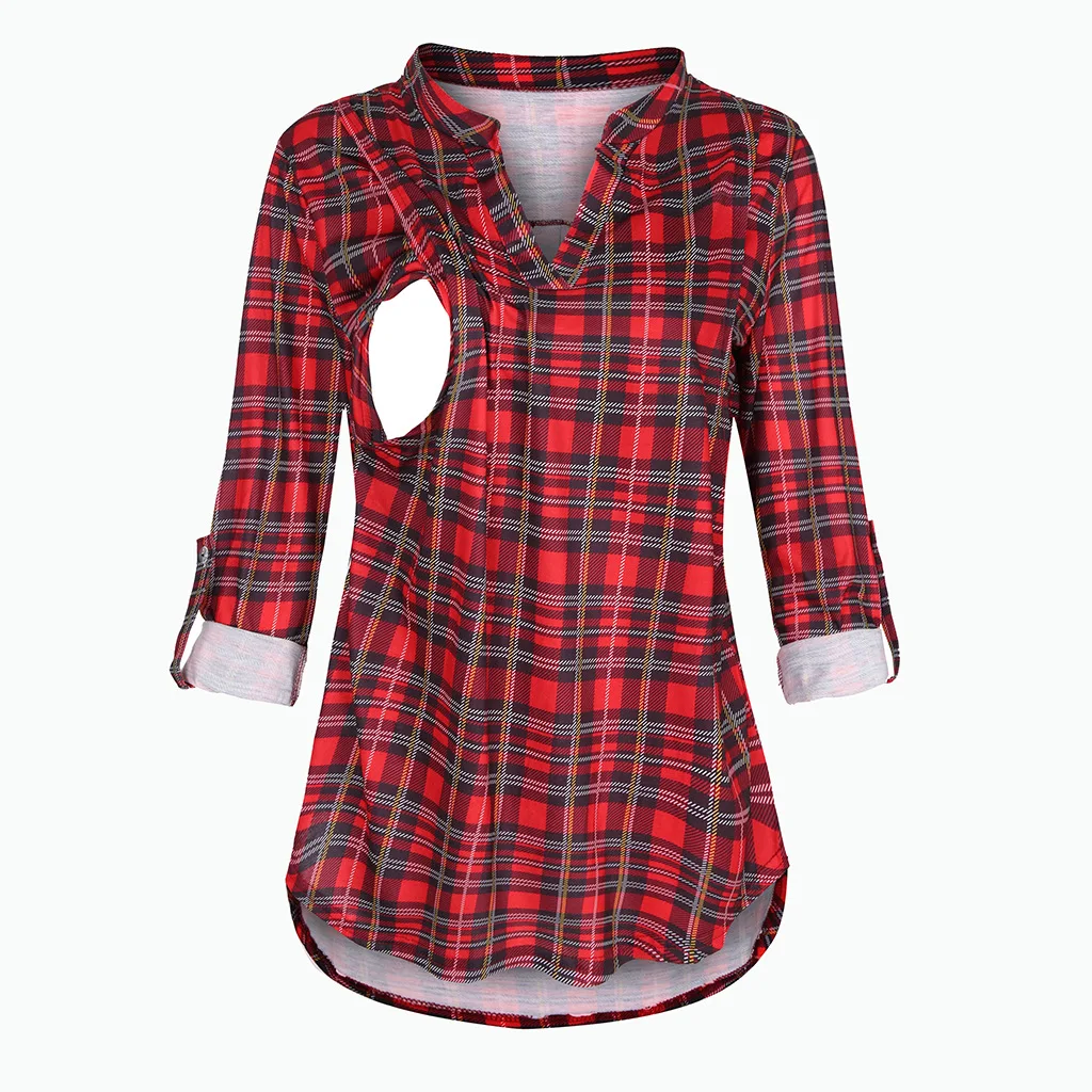 Women's Maternity Breastfeeding T-shirt V-Neck Solid Color Long Sleeve Nursing Tops Clothes for Pregnant Women