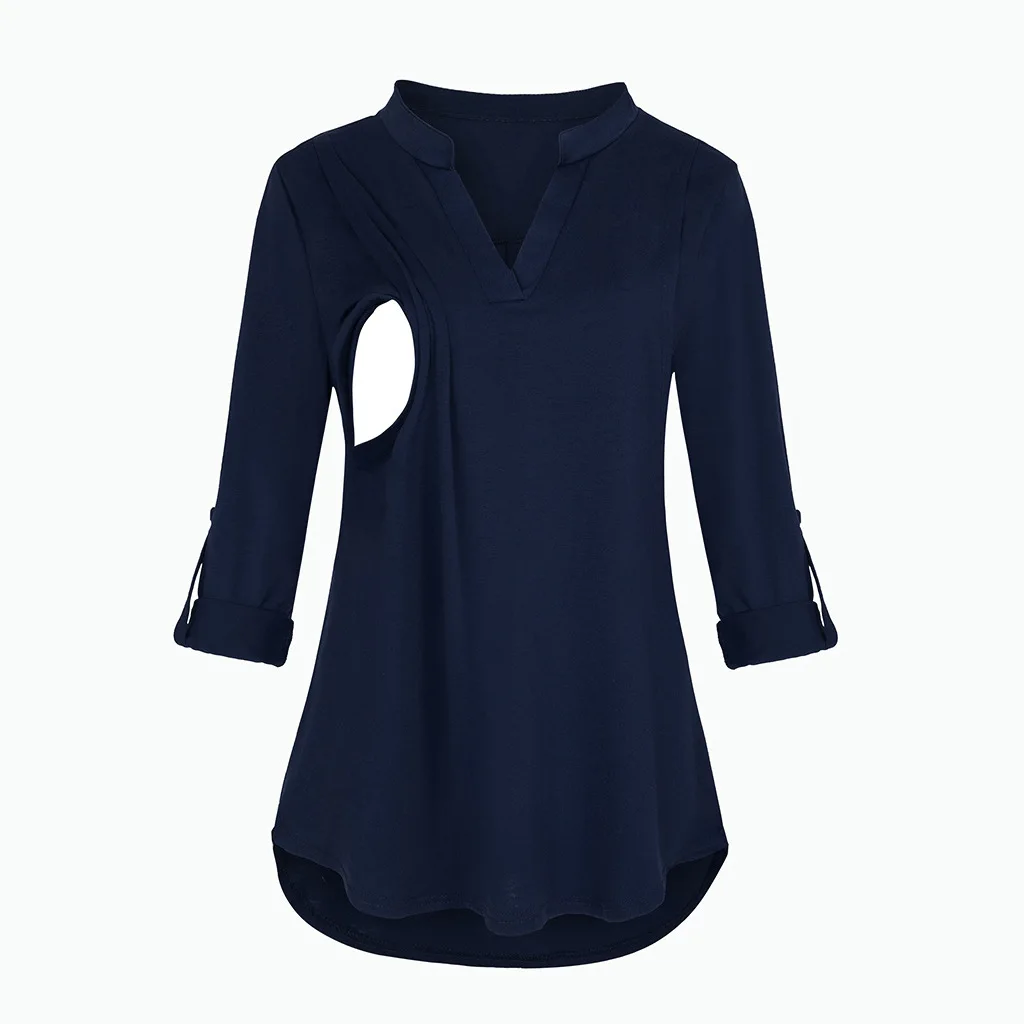 Women's Maternity Breastfeeding T-shirt V-Neck Solid Color Long Sleeve Nursing Tops Clothes for Pregnant Women