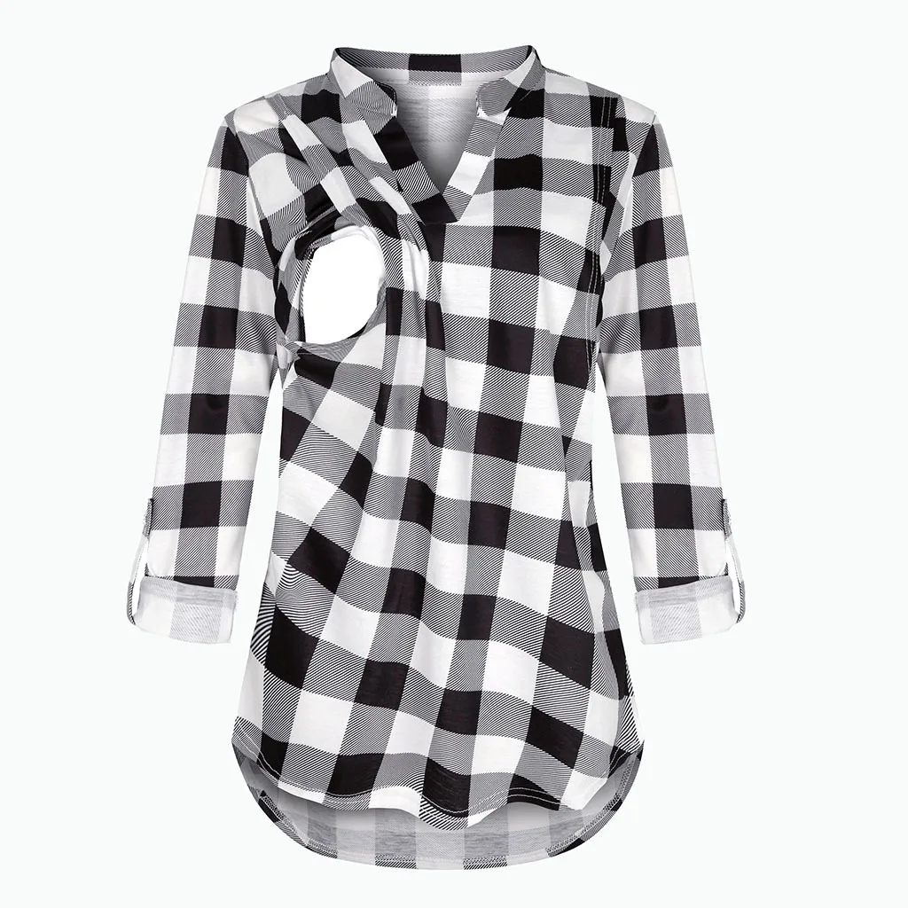 Women's Maternity Breastfeeding T-shirt V-Neck Solid Color Long Sleeve Nursing Tops Clothes for Pregnant Women