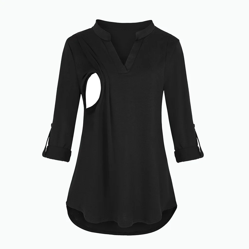 Women's Maternity Breastfeeding T-shirt V-Neck Solid Color Long Sleeve Nursing Tops Clothes for Pregnant Women