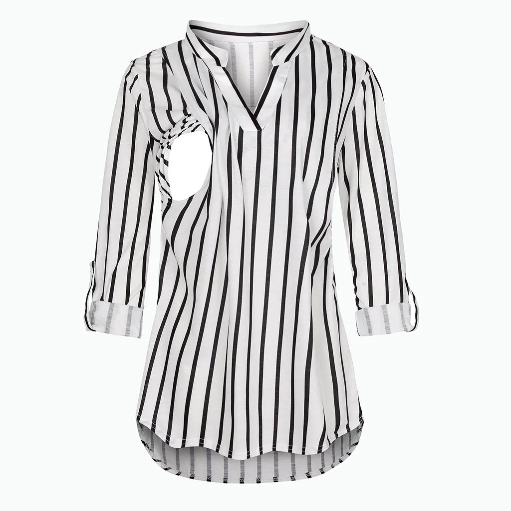 Women's Maternity Breastfeeding T-shirt V-Neck Solid Color Long Sleeve Nursing Tops Clothes for Pregnant Women