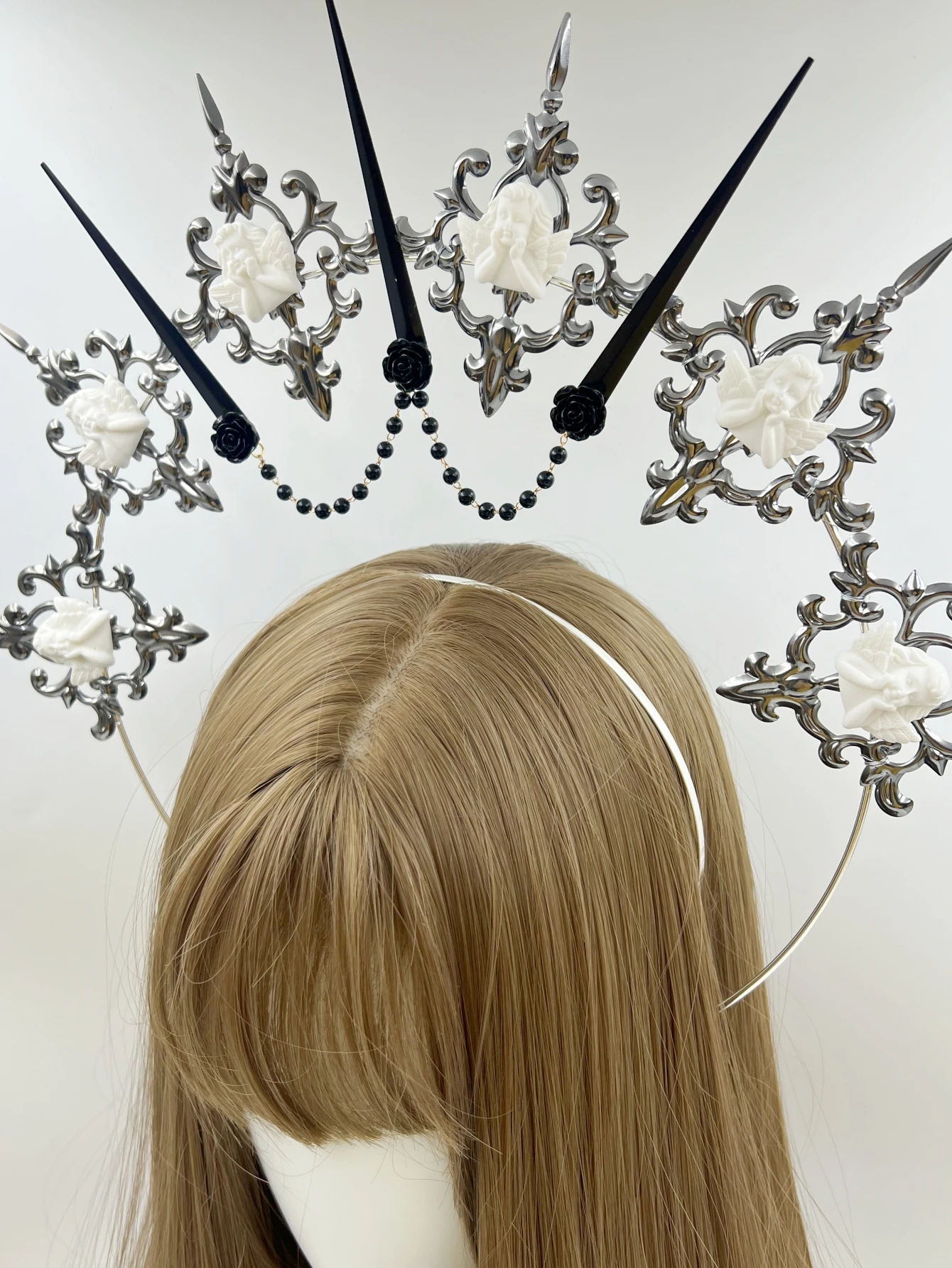 Gothic Lolita Faux Pearl Tiara, Halo Crown, Mary Goddess Headband, Cosplay Costume, Headpiece