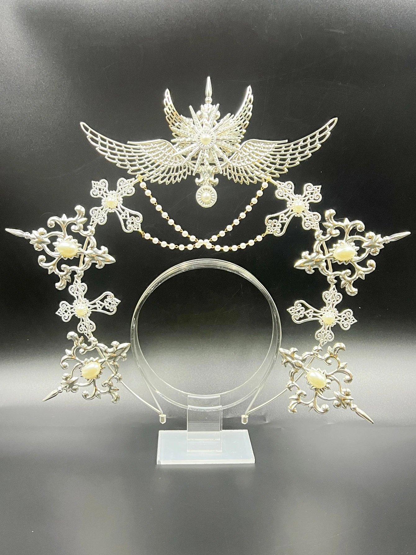 Gothic Lolita Faux Pearl Tiara, Halo Crown, Mary Goddess Headband, Cosplay Costume, Headpiece