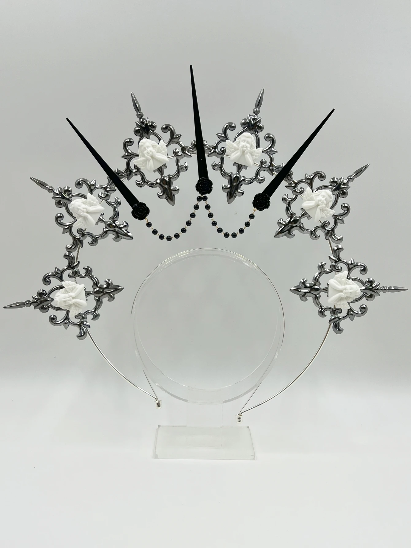 Gothic Lolita Faux Pearl Tiara, Halo Crown, Mary Goddess Headband, Cosplay Costume, Headpiece