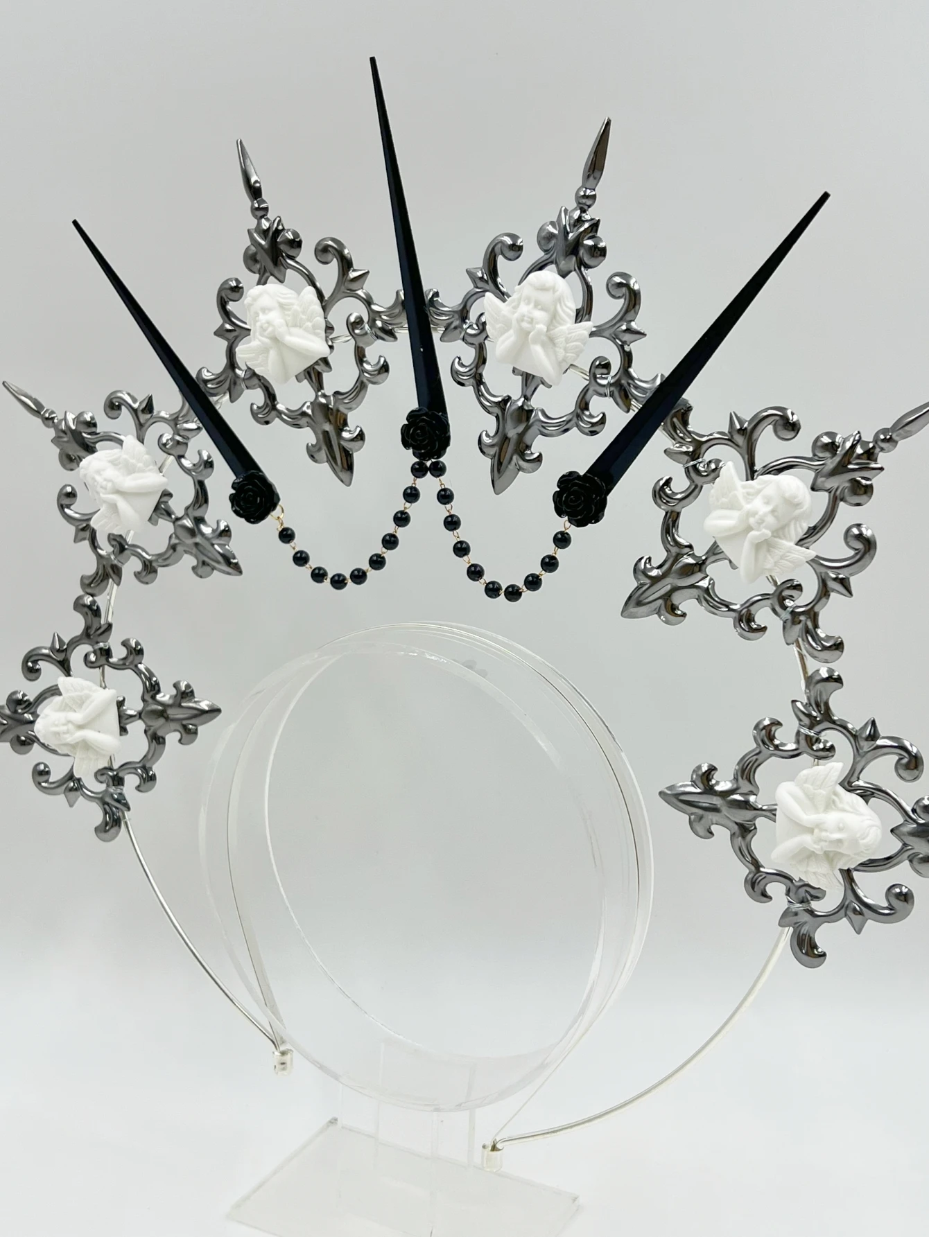 Gothic Lolita Faux Pearl Tiara, Halo Crown, Mary Goddess Headband, Cosplay Costume, Headpiece