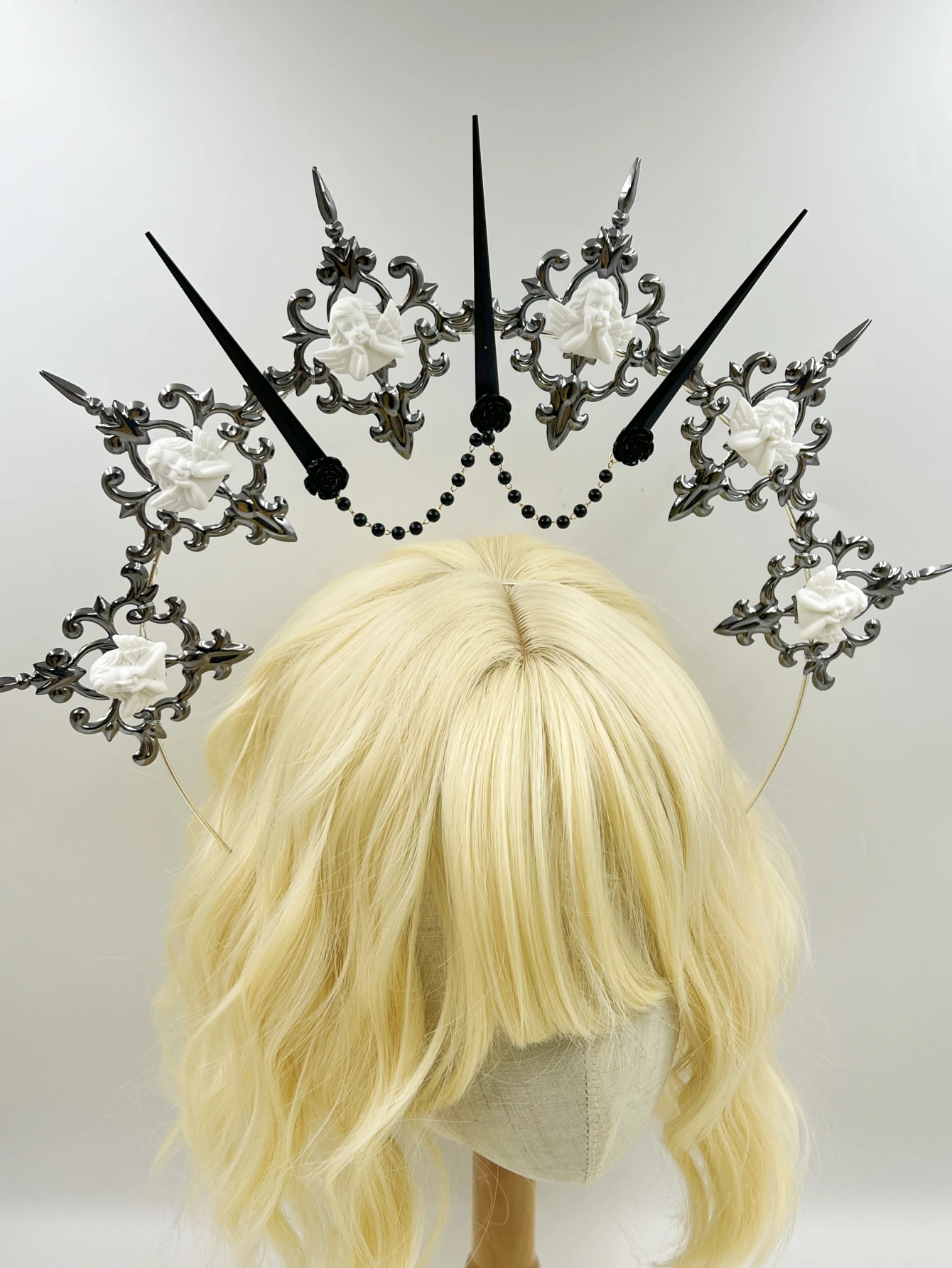 Gothic Lolita Faux Pearl Tiara, Halo Crown, Mary Goddess Headband, Cosplay Costume, Headpiece