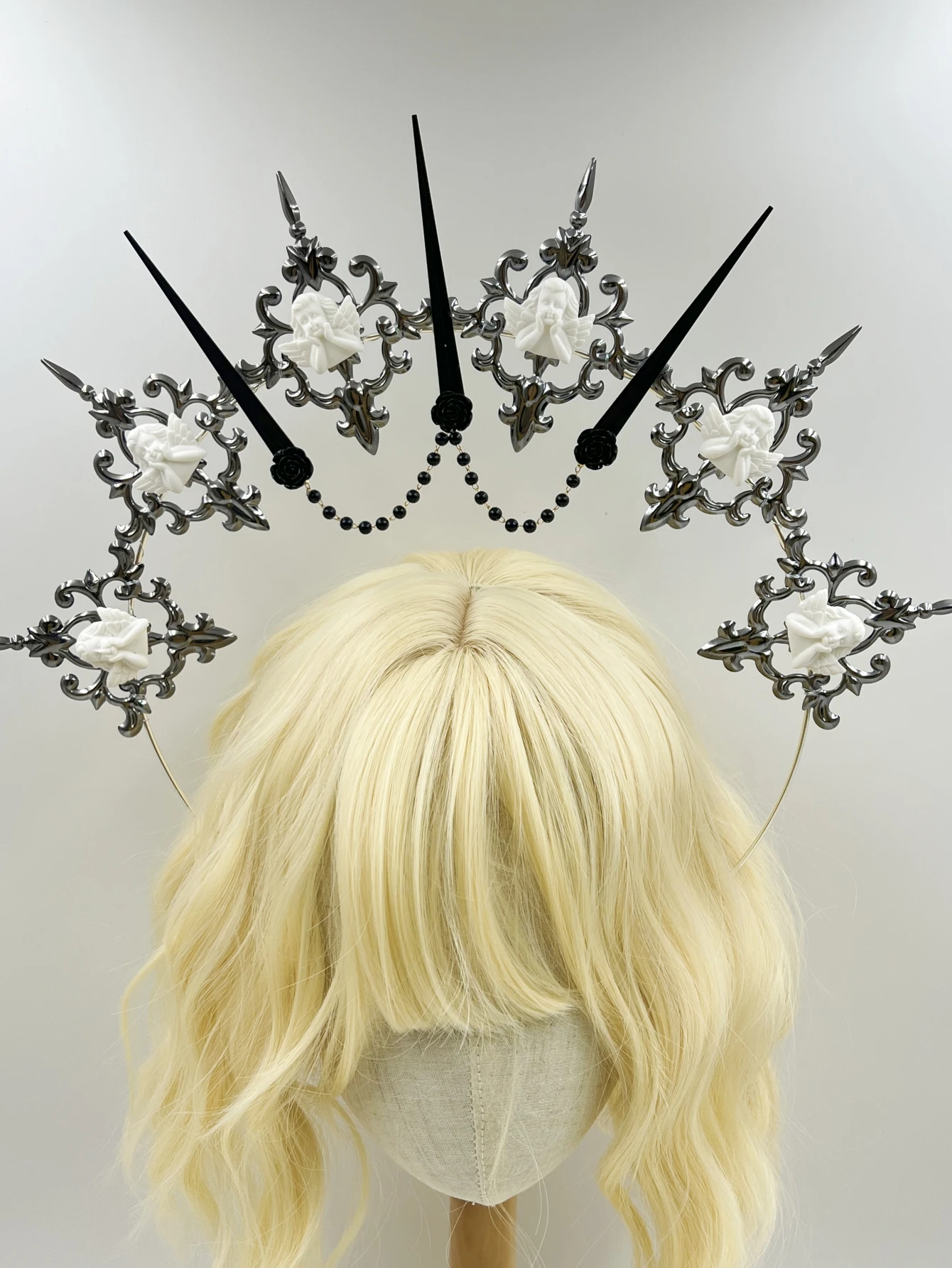 Gothic Lolita Faux Pearl Tiara, Halo Crown, Mary Goddess Headband, Cosplay Costume, Headpiece