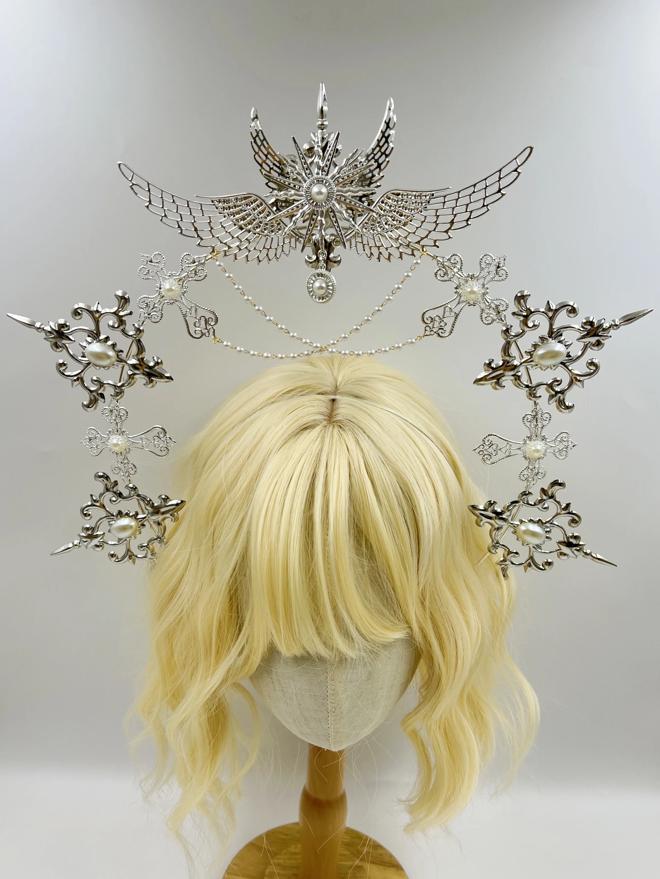 Gothic Lolita Faux Pearl Tiara, Halo Crown, Mary Goddess Headband, Cosplay Costume, Headpiece