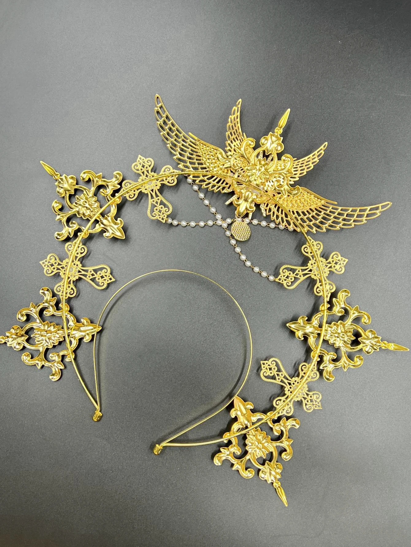 Gothic Lolita Faux Pearl Tiara, Halo Crown, Mary Goddess Headband, Cosplay Costume, Headpiece