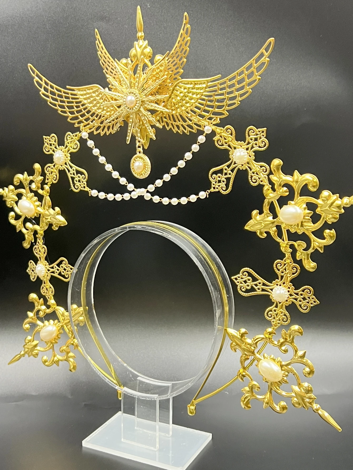 Gothic Lolita Faux Pearl Tiara, Halo Crown, Mary Goddess Headband, Cosplay Costume, Headpiece