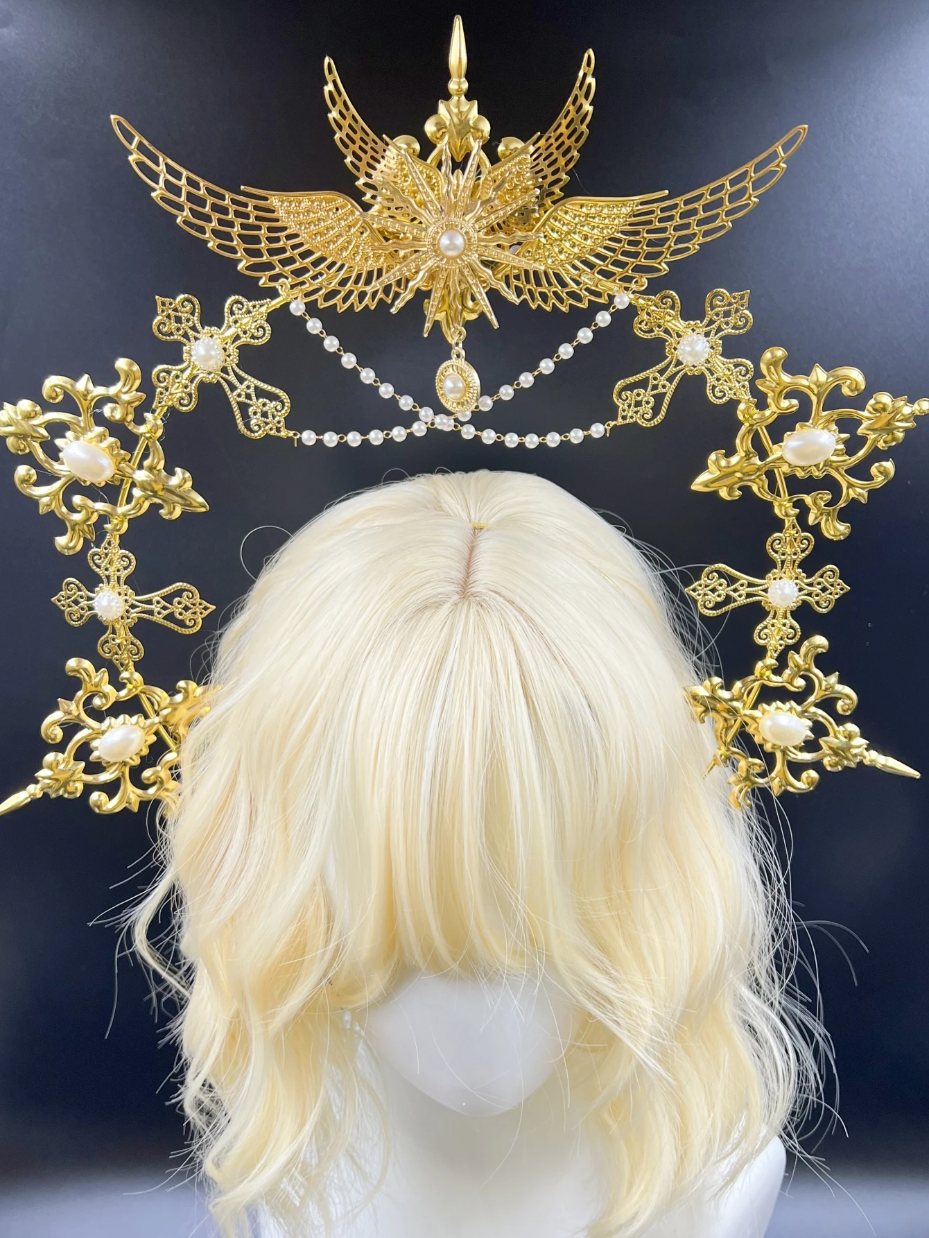 Gothic Lolita Faux Pearl Tiara, Halo Crown, Mary Goddess Headband, Cosplay Costume, Headpiece