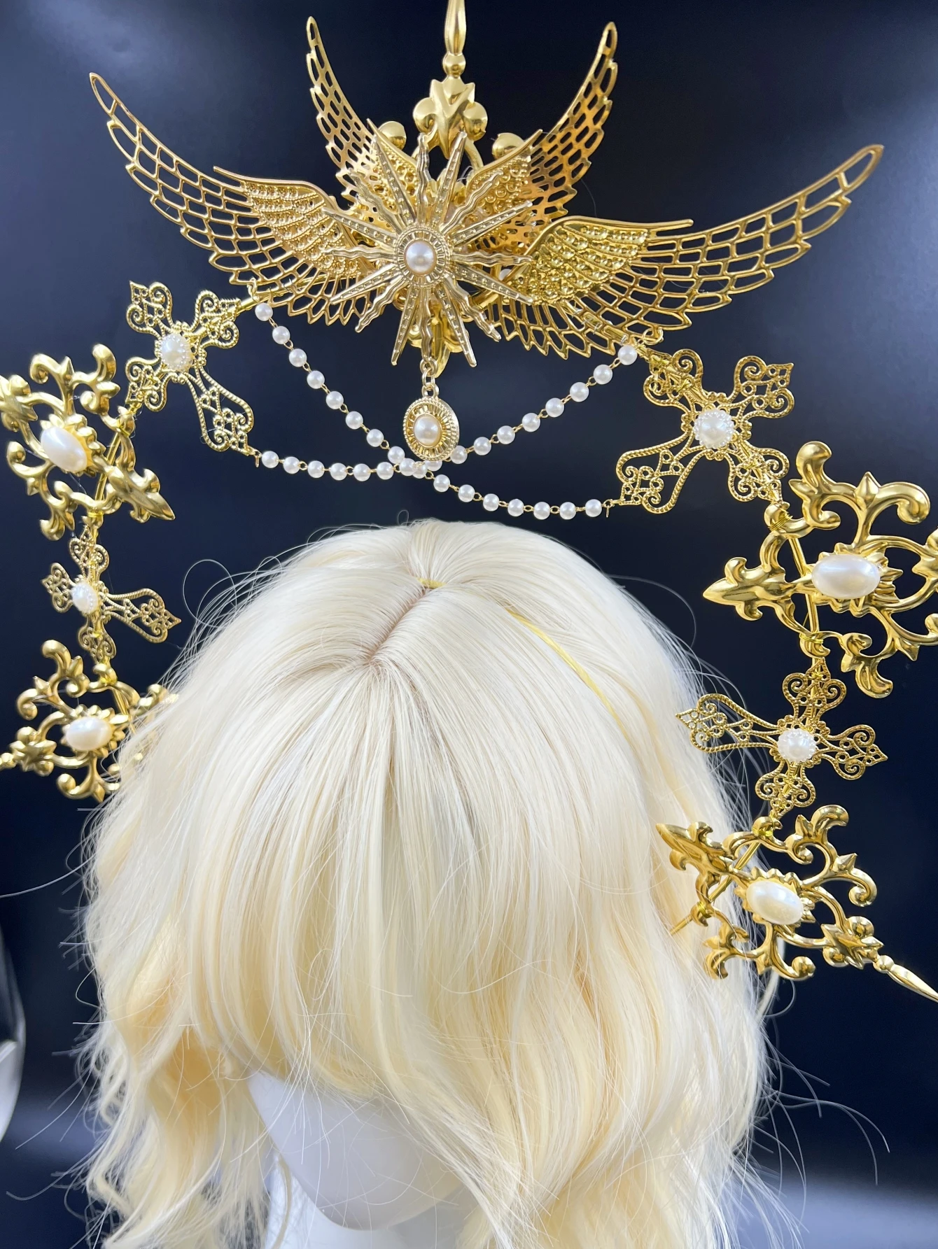 Gothic Lolita Faux Pearl Tiara, Halo Crown, Mary Goddess Headband, Cosplay Costume, Headpiece