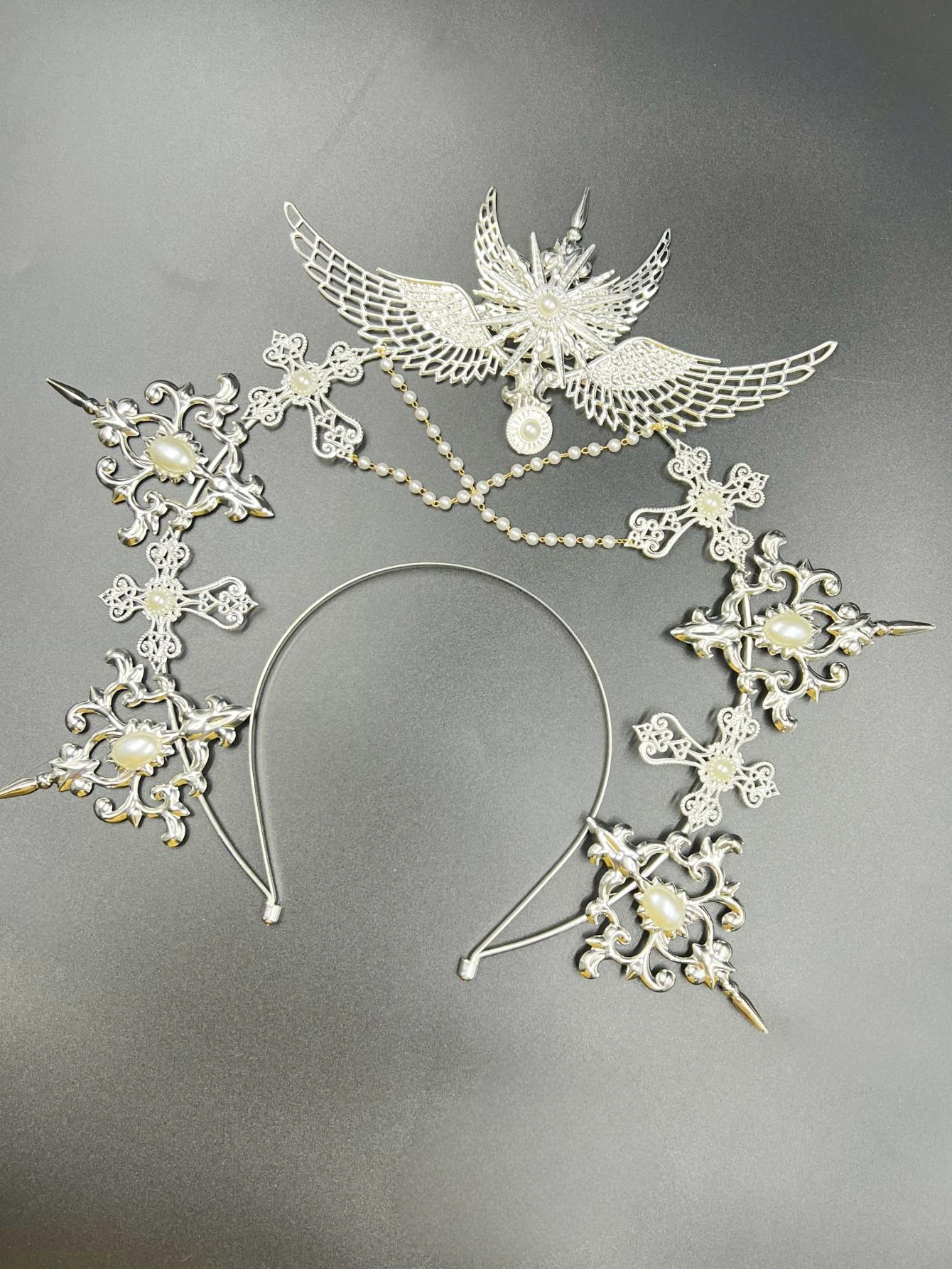 Gothic Lolita Faux Pearl Tiara, Halo Crown, Mary Goddess Headband, Cosplay Costume, Headpiece