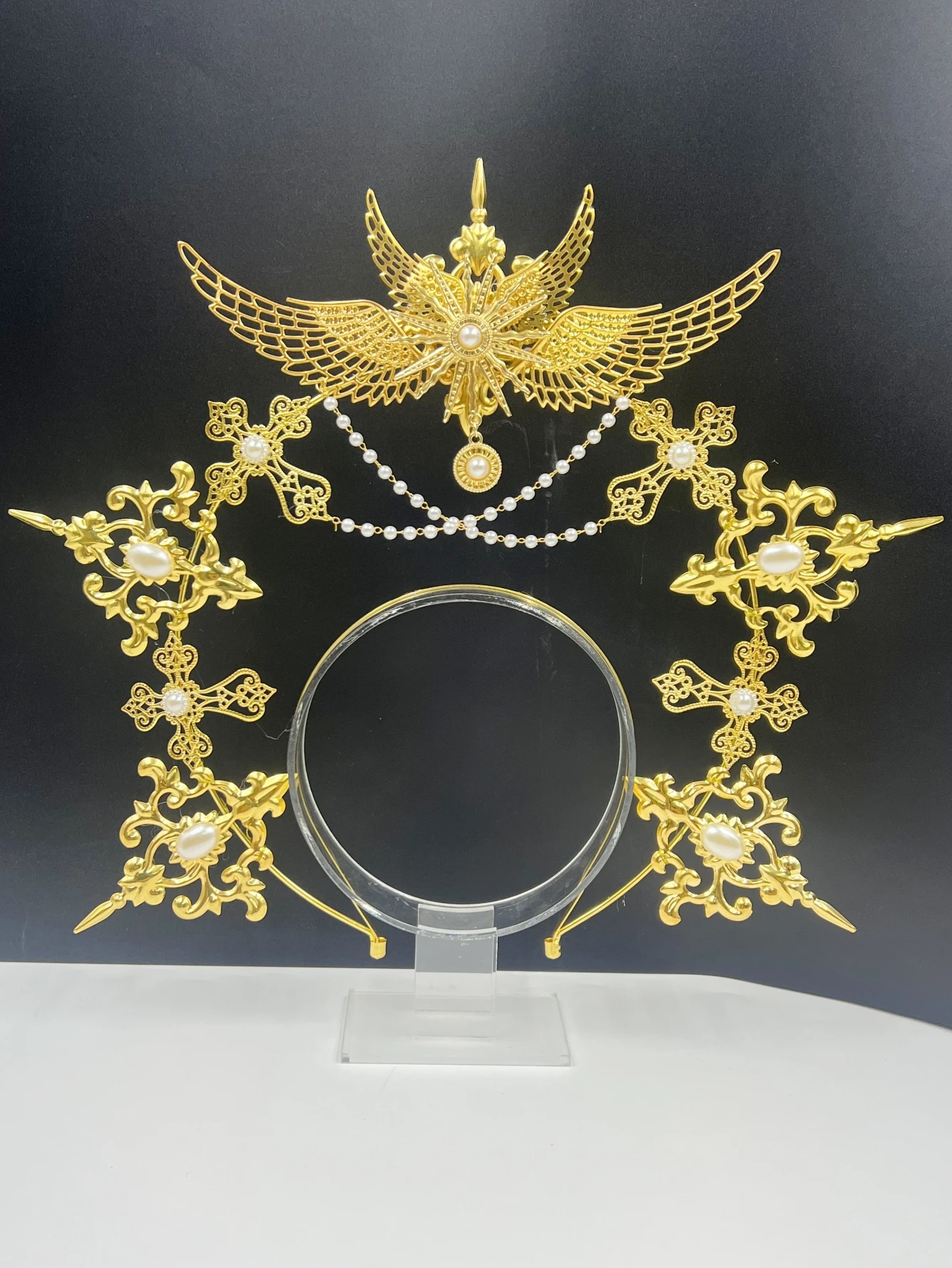Gothic Lolita Faux Pearl Tiara, Halo Crown, Mary Goddess Headband, Cosplay Costume, Headpiece