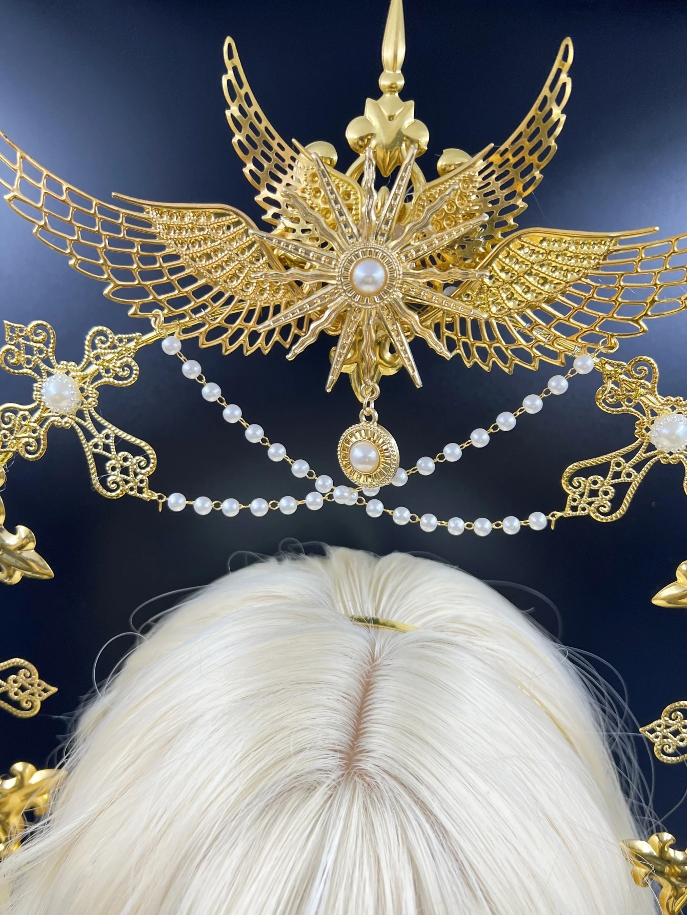 Gothic Lolita Faux Pearl Tiara, Halo Crown, Mary Goddess Headband, Cosplay Costume, Headpiece