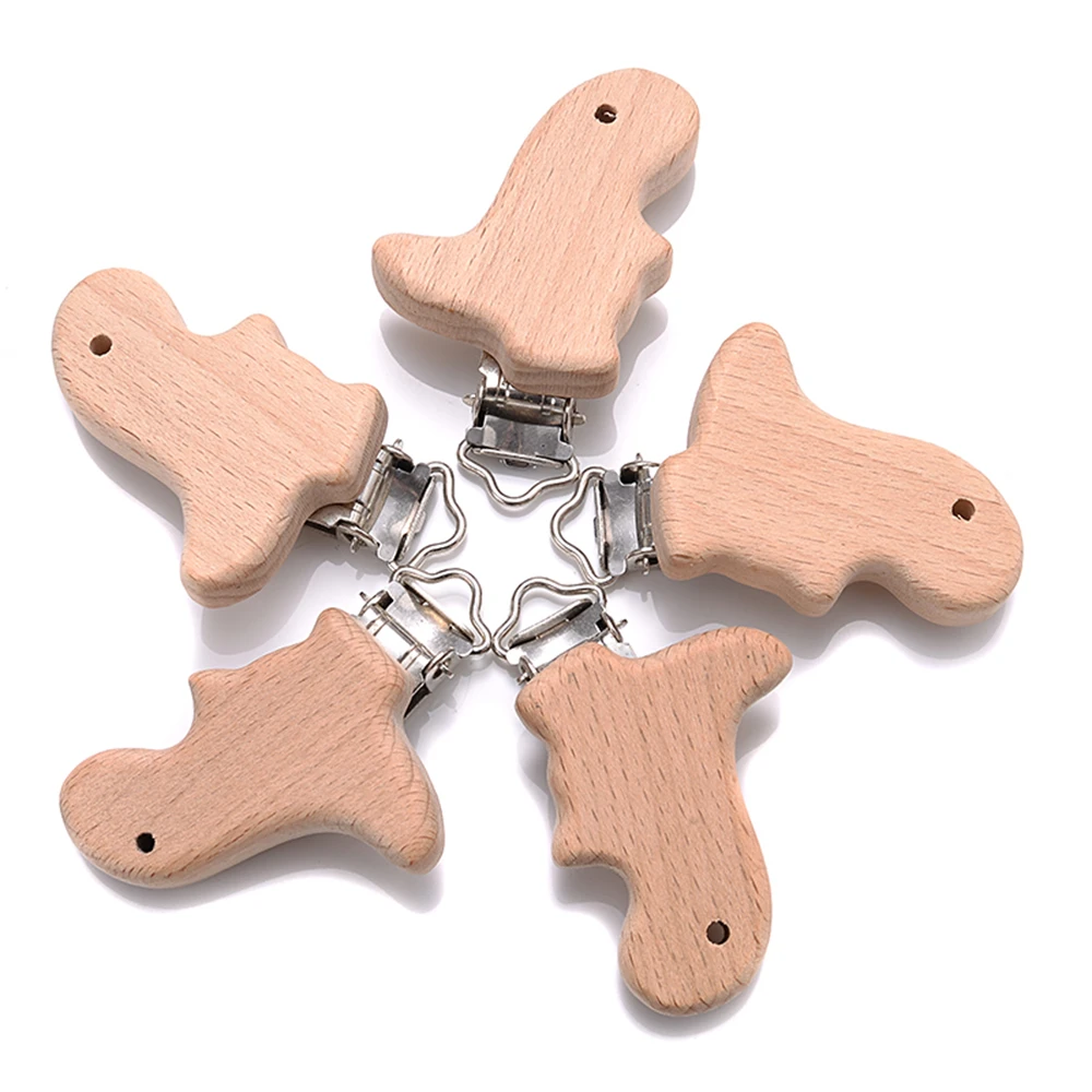 5pcs Woode Pacifier Baby Beech Wooden Animal Pacifier Metal Clips Holder Heart Pacifier Chain Teether Accessories