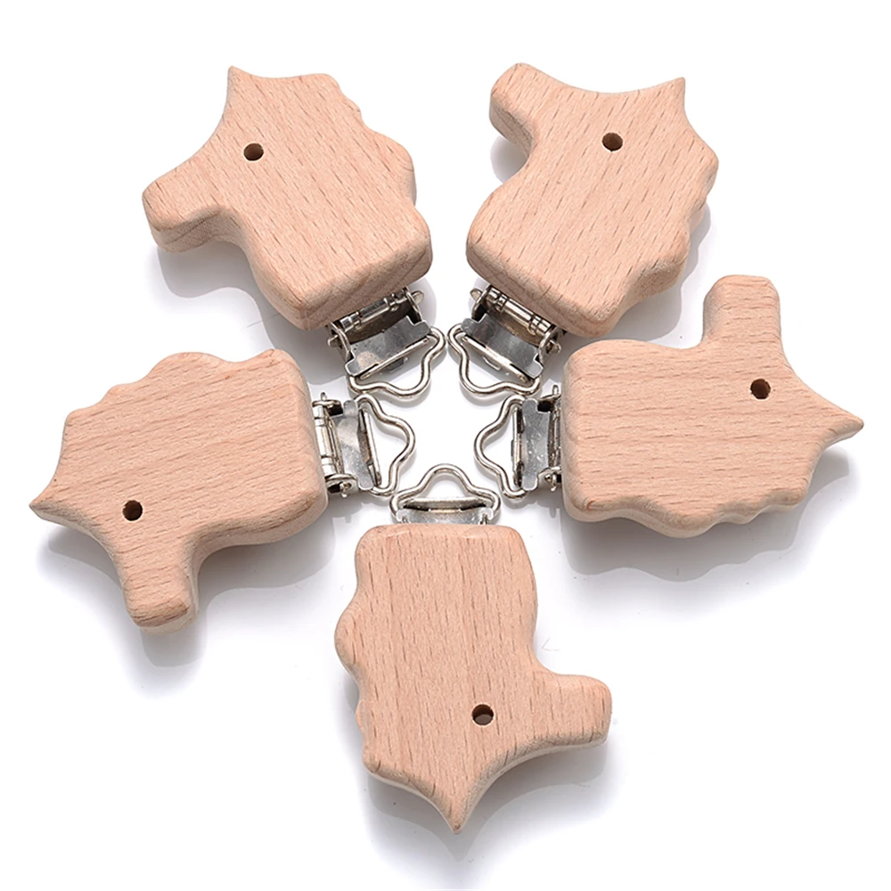 5pcs Woode Pacifier Baby Beech Wooden Animal Pacifier Metal Clips Holder Heart Pacifier Chain Teether Accessories