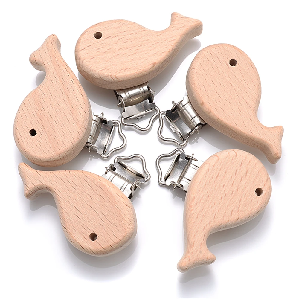 5pcs Woode Pacifier Baby Beech Wooden Animal Pacifier Metal Clips Holder Heart Pacifier Chain Teether Accessories