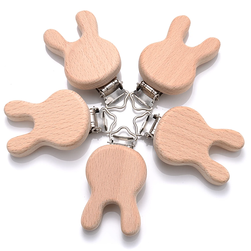 5pcs Woode Pacifier Baby Beech Wooden Animal Pacifier Metal Clips Holder Heart Pacifier Chain Teether Accessories
