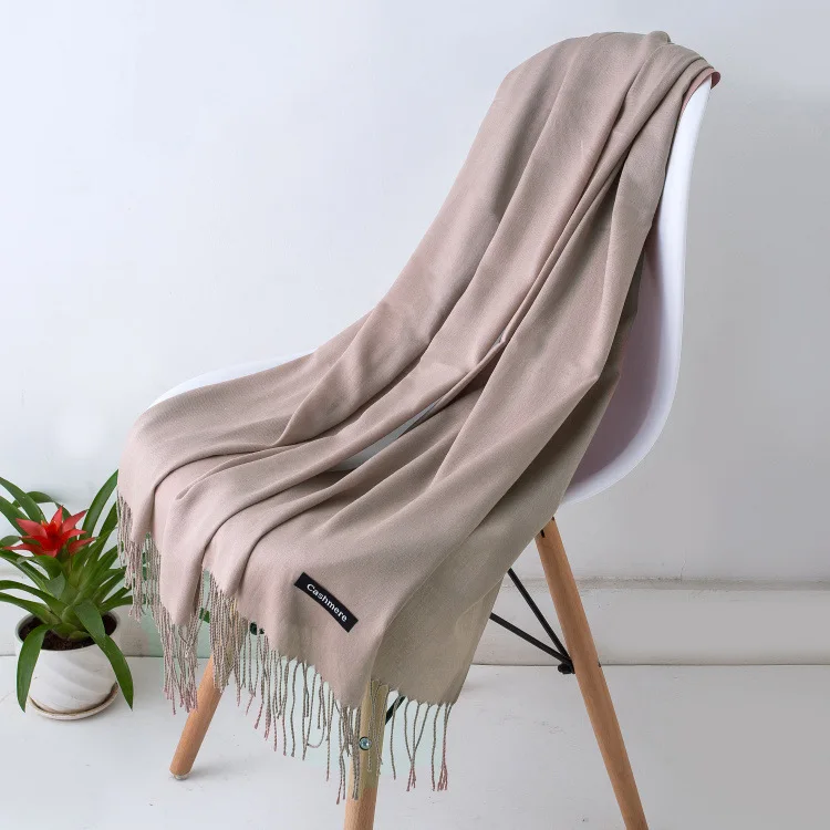 Solid Color Hijabs Cashmere Like Scarf Women Winter Warm Long Shawls And Wraps Hijab Scarves Pashmina Tassels Thin Headband