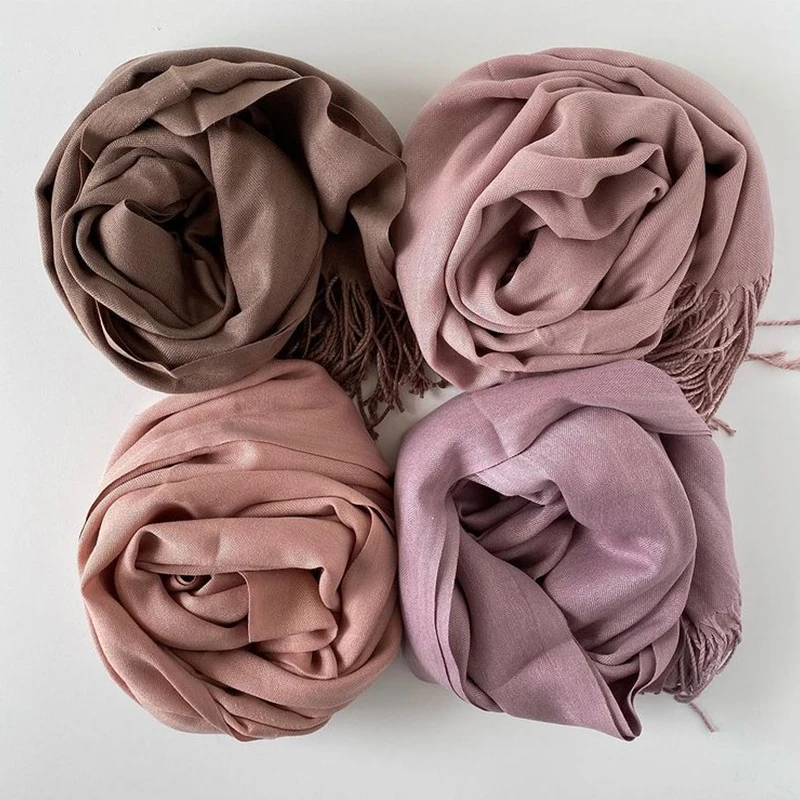 Solid Color Hijabs Cashmere Like Scarf Women Winter Warm Long Shawls And Wraps Hijab Scarves Pashmina Tassels Thin Headband